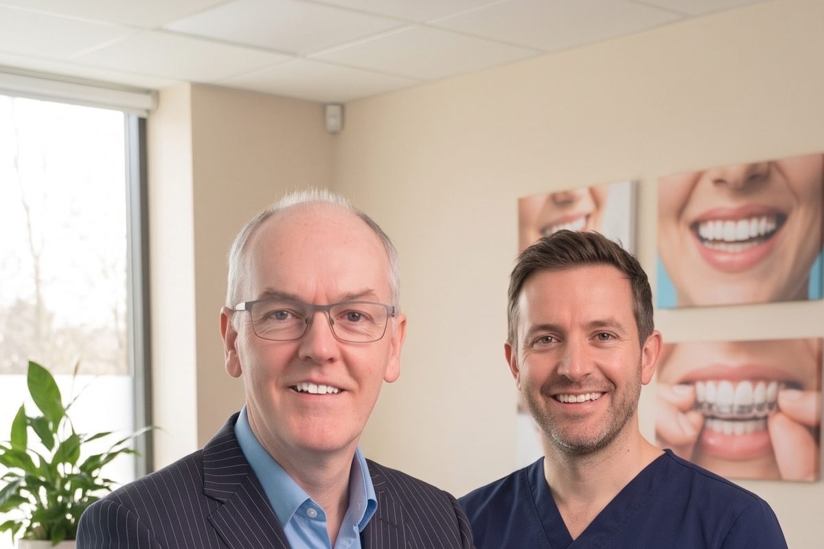 Carl Fox with a dentist in a private practice reception
